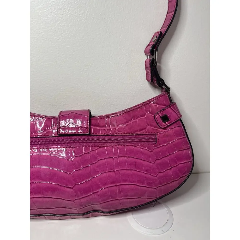🎀Vintage GUESS Y2K Hot Pink Purse Crocodile Shoulder Mini Bag Buckle Baguette